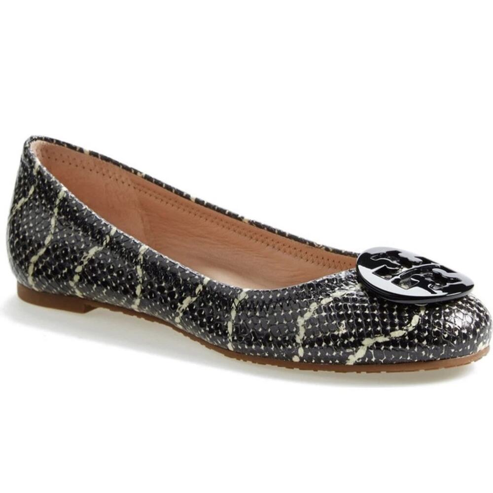 Tory Burch Black and Cream Snakeskin Reva Ballet Flat